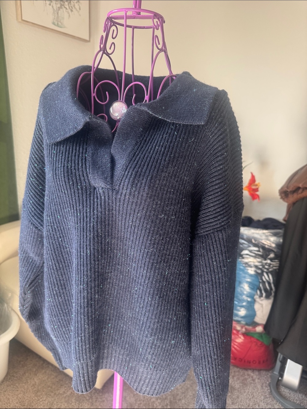 Dazy Navy Ribbed Collared V-Neck Sweater